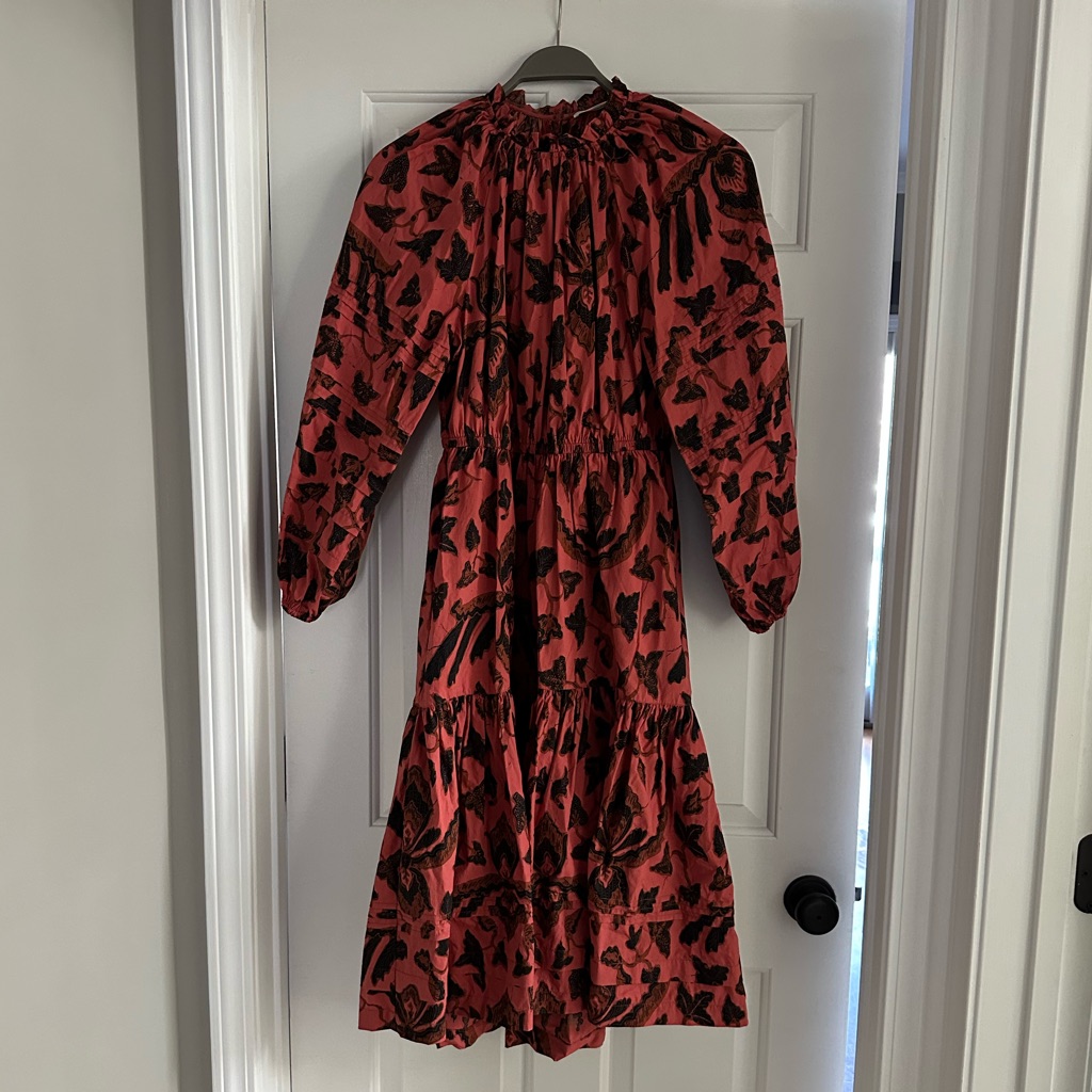 Ulla Johnson Red Midi Dress With Black Botanical Motif
